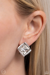Paparazzi - Sparkle Squared - White Clip-On Earrings